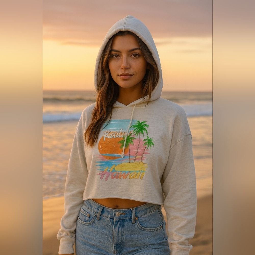Kailua Hawaii Hoodie Cropped Cream XL Palm Trees Beachy Lightweight